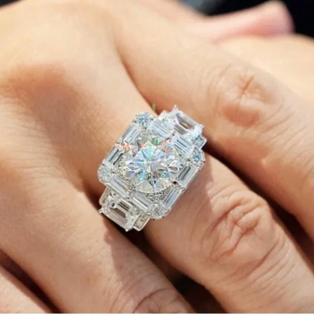 Men's Stamped 18K White Gold 10CT Diamond Baguette Wedding Statement Ring